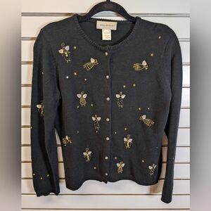 Susan Bristol Embroidered Angel Black Cardigan Sweater SZ Med Christmas 2005